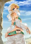  1boy armband ass bare_shoulders blonde_hair blue_eyes bridal_gauntlets clenched_hand clouds detached_sleeves dimples_of_venus elf eyebrows_visible_through_hair from_behind from_below gerudo_link highres jewelry link looking_back looking_down medium_hair panties pointy_ears pouch see-through shoulder_blades shoutai_(7490773) sky solo the_legend_of_zelda tree underwear veil 