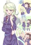  2girls blonde_hair blue_eyes blush brown_hair diana_cavendish dress green_hair hat highres kagari_atsuko little_witch_academia long_hair looking_at_viewer multicolored_hair multiple_girls open_mouth red_eyes school_uniform simple_background smile tama wet wet_hair witch_hat 