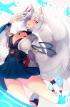  1girl animal_ears azur_lane bangs bent_knees blue_eyes breasts cleavage fox_ears fox_mask fox_tail hakama_skirt highres japanese_clothes kaga_(azur_lane) large_breasts long_sleeves looking_at_viewer mask opanchu_(hakusen) parted_lips short_hair solo tail white_hair wide_sleeves 