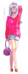  1girl arm_up bag blue_hair bra bra_(dragon_ball) closed_eyes dragon_ball eyebrows_visible_through_hair full_body glasses handbag highres legs_crossed long_hair long_sleeves miiko_(drops7) open_mouth pink_shirt shirt shorts simple_background solo_focus translation_request underwear walking white_background 