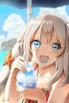  1girl 2017 :d beach blue_eyes blue_sky blush clouds collarbone dated eyebrows_visible_through_hair fate/grand_order fate_(series) hair_ornament highres holding holding_spoon kurihara_kazuake long_hair marie_antoinette_(fate/grand_order) open_mouth outdoors shaved_ice silver_hair sky smile solo twintails upper_body 