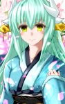  1girl absurdres aqua_hair blue_kimono blurry blurry_background blush commentary_request depth_of_field eyebrows_visible_through_hair fate/grand_order fate_(series) hair_between_eyes highres horns japanese_clothes kimono kiyohime_(fate/grand_order) long_hair long_sleeves looking_at_viewer minarai_tenna obi parted_lips petals sash sleeves_past_wrists smile solo upper_body yellow_eyes 