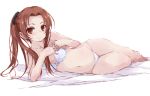  1girl arm_support bangs bikini blue_bikini blush brown_eyes brown_hair collarbone forehead girls_und_panzer kadotani_anzu knee_up long_hair looking_at_viewer lying navel on_side parted_bangs ponytail sidelocks smile solo striped striped_bikini swimsuit thighs white_bikini yumesato_makura 