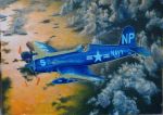  1boy above_clouds absurdres acrylic_paint_(medium) aircraft airplane calligraphy_brush_(medium) clouds commentary_request f4u_corsair flying goggles hayashi_toshihiro helmet highres military ocean pilot_suit solo traditional_media 