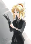  1girl 2017 absurdres black_gloves blonde_hair braid cowboy_shot dated dconan_owo eyes_visible_through_hair fate/apocrypha fate_(series) formal french_braid glove_in_mouth glove_pull gloves green_eyes highres long_hair mouth_hold ponytail saber_of_red solo suit twitter_username white_background 