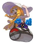  1girl :d artist_name bag blonde_hair braid commentary cosmog green_eyes hat lillie_(pokemon) long_hair niking open_mouth pokemon pokemon_(game) pokemon_sm shoulder_bag side_braid smile sun_hat 