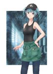  1girl alternate_costume apron bare_arms baseball_cap black_hat blue_eyes blue_hair denim hair_bobbles hair_ornament hand_on_hip hat kawashiro_nitori looking_at_viewer pants pliers pocket roke_(taikodon) short_hair solo standing tank_top touhou two_side_up white_background window wrench 