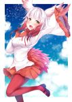  1girl :d bangs bird_tail black_footwear blouse blue_sky blunt_bangs blush clouds cloudy_sky commentary day eyebrows_visible_through_hair fur_collar gloves hand_on_own_chest head_wings japanese_crested_ibis_(kemono_friends) kemono_friends long_sleeves looking_at_viewer mary_janes murasakigo open_mouth pantyhose pleated_skirt red_gloves red_legwear red_skirt shoes short_hair skirt sky smile solo standing standing_on_one_leg tail wide_sleeves yellow_eyes 