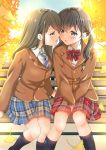  2girls bench black_hair blush brown_eyes couple eye_contact face-to-face imminent_kiss leaf long_hair looking_at_another multiple_girls original plaid plaid_skirt pleated_skirt school_uniform sheepd skirt twintails yuri 