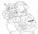  1boy 1girl :d animal_ears antlers arms_around_neck carrying centaur child closed_eyes closed_mouth coat earmuffs gloves greyscale hat heart hooves hug latenight long_hair mittens monochrome monster_girl_encyclopedia open_mouth princess_carry reindeer_ears smile snowing spot_color white_background white_horn_(monster_girl_encyclopedia) winter_clothes winter_coat younger 