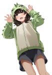  1girl black_shorts claw_pose dinosaur_costume dinosaur_hood green_jacket hands_up hood hood_up hooded_jacket jacket long_sleeves mattaku_mousuke original puffy_long_sleeves puffy_sleeves shorts simple_background sleeves_past_wrists solo standing white_background 