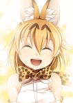  1girl :d ^_^ animal_ears bare_shoulders blonde_hair bow bowtie closed_eyes commentary elbow_gloves extra_ears facing_viewer gloves hair_between_eyes happy highres kemono_friends medium_hair open_mouth print_neckwear serval_(kemono_friends) serval_ears serval_print shirt sleeveless sleeveless_shirt smile solo upper_body white_shirt yasume_yukito 