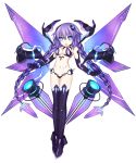  1girl :o absurdres blue_eyes boots braid breasts cleavage elbow_gloves full_body gloves highres long_hair medium_breasts navel nepnep_connect:_chaos_chanpuru nepsuka_(hachisuka) neptune_(series) power_symbol purple_hair purple_heart purple_heart_(chaos_form) simple_background solo symbol-shaped_pupils thigh-highs thigh_boots twin_braids twintails very_long_hair white_background wings 
