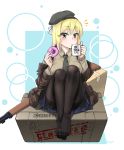  beret blonde_hair blue_skirt blush box cardboard_box coffee_mug container doughnut feet food girls_frontline green_eyes gun hat highres jacket m1_garand m1_garand_(girls_frontline) necktie niminimisan no_shoes rifle skirt toes weapon 