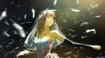  1girl bridal_veil brown_eyes brown_hair crying crying_with_eyes_open dress feathers highres long_hair looking_up loundraw original signature strapless tears veil wedding_dress 