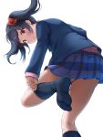  1girl adjusting_clothes adjusting_legwear black_hair black_jacket black_legwear blue_skirt bow feet floating_hair from_behind from_below hair_bow highres ichiban_no_yagi jacket long_hair looking_at_viewer looking_back love_live! love_live!_school_idol_project miniskirt no_shoes pleated_skirt red_bow red_eyes simple_background skirt socks soles solo standing standing_on_one_leg twintails white_background yazawa_nico 