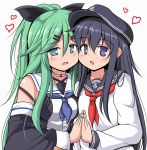  2girls akatsuki_(kantai_collection) asymmetrical_docking black_eyes black_hair blue_eyes breast_press cheek-to-cheek choker collarbone commentary_request detached_sleeves green_hair hair_between_eyes hair_ornament hair_ribbon hairclip hat heart kantai_collection long_hair looking_at_viewer multiple_girls open_mouth ribbon school_uniform serafuku simple_background tsuzuri_(tuzuri) white_background yamakaze_(kantai_collection) 