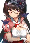  1girl akamizuki_(akmzk) bat black_hair blush breasts brown_hair fate/grand_order fate_(series) fingerless_gloves glasses gloves hairband long_hair looking_at_viewer low_twintails origami osakabe-hime_(fate/grand_order) sketch smile solo twintails very_long_hair violet_eyes white_background 