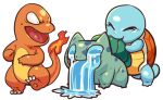  blowing bulbasaur charmander fire no_humans open_mouth pokemon pokemon_(creature) sido_(slipknot) simple_background squirtle standing surprised tail-tip_fire vomiting water white_background wide-eyed 