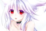  1girl :o animal_ears bangs bare_shoulders black_neckwear choker close-up eyebrows_visible_through_hair face hair_between_eyes highres minarai_tenna nude original parted_lips red_eyes simple_background slit_pupils solo tail white_background white_hair 
