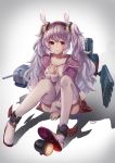  1girl animal_ears azur_lane bangs between_legs breasts camisole cannon cleavage collarbone commentary_request full_body hairband hand_between_legs hand_on_own_chest headgear highres jacket karinto_yamada laffey_(azur_lane) long_hair long_sleeves looking_at_viewer machinery off_shoulder parted_lips pink_jacket pleated_skirt rabbit_ears red_eyes red_hairband red_skirt searchlight shoes sidelocks simple_background sitting skirt sleeves_past_wrists small_breasts solo thigh-highs torpedo turret twintails very_long_hair white_background white_camisole white_footwear white_legwear 