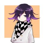  1boy checkered_scarf dangan_ronpa looking_at_viewer new_dangan_ronpa_v3 open_eyes ouma_kokichi purple_hair scarf simple_background solo straitjacket tumai_(touue11) violet_eyes 