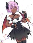  1girl :d bare_shoulders black_dress black_gloves black_legwear blush breasts cleavage collarbone cowboy_shot dark_skin demon_girl demon_horns demon_tail demon_wings detached_sleeves double-breasted dress dutch_angle fang fingerless_gloves gloves hand_on_hip highres horns looking_at_viewer open_mouth pink_hair pointy_ears puffy_short_sleeves puffy_sleeves shiyano short_hair short_sleeves simple_background small_breasts smile solo standing star tail thigh-highs violet_eyes white_background wings zettai_ryouiki 