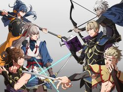  1girl 5boys arrow blonde_hair blue_eyes blue_hair book bow_(weapon) brown_eyes brown_hair brynhildr_(tome) cape dark_skin eyepatch fire_emblem fire_emblem_if fur_trim fuujin_yumi gloves grey_background grey_hair hinata_(fire_emblem_if) japanese_clothes katana leon_(fire_emblem_if) long_hair minato_(robin) multiple_boys oboro_(fire_emblem_if) odin_(fire_emblem_if) ponytail simple_background sword takumi_(fire_emblem_if) teeth weapon white_hair zero_(fire_emblem_if) 