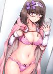  1girl bangs bikini bra breasts brown_hair cellphone cloak collarbone commentary_request cowboy_shot eyebrows_visible_through_hair fate/grand_order fate_(series) frilled_bra frilled_panties frills glasses hair_ribbon hairband hands_up highres indoors large_breasts long_hair marugoshi_(54burger) medium_breasts navel osakabe-hime_(fate/grand_order) panties phone pink_bra pink_panties pom_pom_(clothes) purple-framed_eyewear ribbon self_shot sidelocks smartphone smile swimsuit thighs under-rim_eyewear underwear very_long_hair violet_eyes 