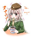  anchor blush bomber_jacket brown_eyes chopsticks commentary eating eyebrows_visible_through_hair fairy_(kantai_collection) green_jacket green_scarf hat hinaco jacket kantai_collection light_brown_hair looking_at_viewer motion_lines ramen scarf short_hair tenzan_(kantai_collection) translated twitter_username 