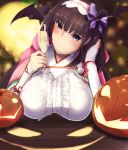  1girl bat black_hair blurry blush breasts champagne_flute cup depth_of_field drinking_glass fate/grand_order fate_(series) hood hood_down jack-o&#039;-lantern japanese_clothes large_breasts long_hair looking_at_viewer osakabe-hime_(fate/grand_order) pumpkin satou_daiji solo violet_eyes 