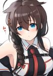  1girl absurdres ahoge bangs bare_shoulders blue_eyes blush braid breasts brown_hair closed_mouth dyson_(edaokunnsaikouya) hair_between_eyes hair_flaps hair_ornament heart heart-shaped_pupils highres kantai_collection large_breasts long_hair looking_at_viewer necktie pout red_necktie revision shigure_(kancolle) shigure_(kantai_collection) shigure_kai_san_(kancolle) simple_background single_braid solo symbol-shaped_pupils upper_body white_background 