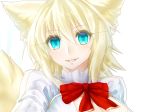  1girl animal_ears bangs blonde_hair blue_eyes breasts cleavage close-up eyebrows_visible_through_hair face hair_between_eyes highres juliet_sleeves long_sleeves looking_at_viewer minarai_tenna neck_ribbon original puffy_sleeves ribbon simple_background smile solo tail white_background 