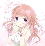  1girl :d amedamacon bangs bare_arms bare_shoulders blush breasts brown_hair buttons character_name collared_shirt commentary_request confetti dated english eyebrows_visible_through_hair gochuumon_wa_usagi_desu_ka? gradient gradient_background happy_birthday heart hoto_mocha long_hair looking_at_viewer medium_breasts open_mouth shirt signature sleeveless sleeveless_shirt smile solo two-tone_background underbust violet_eyes white_shirt wing_collar 