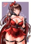  &gt;:) 1girl azur_lane bangs bare_shoulders blush breasts brown_hair cleavage collarbone commentary_request covered_navel dated dress eyebrows_visible_through_hair hair_ribbon kasugano_tobari large_breasts long_hair looking_at_viewer open_clothes ponytail purple_background red_dress red_ribbon ribbon ribbon_trim short_dress signature skindentation smile solo steaming_body strap_gap sweat swept_bangs thick_thighs thigh_strap thighs undressing very_long_hair yellow_eyes zuikaku_(azur_lane) 