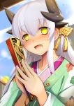  1girl :d alternate_costume bangs blue_sky blush closed_fan day eyebrows_visible_through_hair fan fate/grand_order fate_(series) floral_print folding_fan green_kimono hair_between_eyes haribote heart heart-shaped_pupils holding holding_fan horns japanese_clothes kimono kiyohime_(fate/grand_order) long_hair long_sleeves looking_at_viewer open_mouth outdoors silver_hair sky smile solo symbol-shaped_pupils tareme tassel upper_body wide_sleeves yellow_eyes 