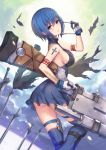  1girl 2d armpits bangs bare_shoulders black_dress blue_eyes blue_hair blue_legwear breasts ciel cross_tattoo dress eyewear_removed from_side gloves highres huge_weapon looking_at_viewer looking_to_the_side medium_breasts over-kneehighs parted_lips seventh_holy_scripture short_dress short_hair sideboob solo sword thigh-highs tsukihime weapon white_gloves 
