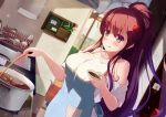  1girl apple_hair_ornament apron breasts brown_eyes brown_hair cutting_board dishes dutch_angle food food_themed_hair_ornament hair_ornament indoors kitchen ladle lamp large_breasts licking_lips long_hair original pocket ponytail pot sink standing stew tongue tongue_out window zongmao 