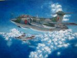  absurdres acrylic_paint_(medium) aircraft airplane blackburn_buccaneer blue_sky calligraphy_brush_(medium) clouds cloudy_sky commentary day flying hayashi_toshihiro helmet highres jet military outdoors photo scenery sky traditional_media 