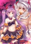  1boy 1girl asterios_(fate/grand_order) bandage bangs bare_shoulders bat black_legwear black_sclera blush bow bowtie bracelet breasts closed_mouth clouds commentary_request cross detached_collar eating euryale fake_horns fate/grand_order fate_(series) finger_to_mouth gem hair_between_eyes halloween halloween_costume horn_ornament horns jewelry long_hair looking_at_viewer muscle navel pleated_skirt pumpkin purple_background purple_hair purple_sky red_eyes scar skirt small_breasts smile suzune_rena thigh-highs twintails violet_eyes white_hair wristband 