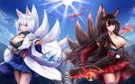  2girls absurdres akagi_(azur_lane) animal_ears azur_lane black_gloves black_hair blue_eyes blue_skirt blue_sky bob_cut breasts cleavage clouds day fox_ears fox_tail gloves highres japanese_clothes kaga_(azur_lane) long_hair looking_at_viewer medium_breasts multiple_girls multiple_tails natu_sksp pleated_skirt red_eyes red_skirt short_hair skirt sky standing sun sun_beam tail white_hair 