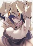  1girl armpits arms_behind_head arms_up blurry breasts capelet cleavage depth_of_field detached_sleeves highres hizuki_akira hood hoodie large_breasts long_hair looking_at_viewer natsume_(pokemon) parted_lips pokemon pokemon_(game) pokemon_rgby pokemon_sm purple_hair smile solo 