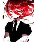  androgynous black_neckwear black_shirt closed_eyes collared_shirt commentary crossed_arms hair_between_eyes half-closed_eyes hiiragi_fuyuki houseki_no_kuni necktie puffy_short_sleeves puffy_sleeves red_eyes redhead shinsha_(houseki_no_kuni) shirt short_hair short_sleeves simple_background solo upper_body white_background white_shirt wing_collar 