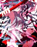  1girl armpits bangs bare_arms blood blood_splatter blue_hair blue_skirt breasts cowboy_shot grin hatsune_miku hiiragi_fuyuki holding holding_staff long_hair looking_at_viewer medium_breasts parted_lips pleated_skirt red_eyes skirt slit_pupils smile solo staff standing streaming_heart_(vocaloid) twintails vocaloid 