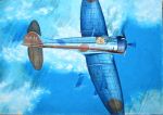  a5m above_clouds absurdres acrylic_paint_(medium) aircraft airplane calligraphy_brush_(medium) clouds commentary_request day flying hayashi_toshihiro helmet highres imperial_japanese_navy military outdoors photo solo traditional_media 