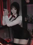  1girl alcohol aoi_ogata bartender black_eyes black_hair bottle breasts cocktail_glass cup drinking_glass highres long_hair looking_at_viewer original shaker smile very_long_hair 