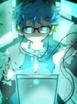  1boy bangs black-framed_eyewear blue_eyes blue_hair blue_neckwear bow bowtie caster_(fate/extra_ccc) closed_mouth fate/extra fate/extra_ccc fate_(series) glasses glowing glowing_eyes grey_jacket headphones hiiragi_fuyuki jacket jacket_on_shoulders looking_at_viewer male_focus solo vest 