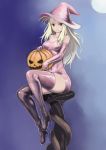  1girl bare_shoulders blonde_hair blue_background boots breasts covered_navel deneb_rove elbow_gloves gloves halloween hat high_heel_boots high_heels highres johan_(johan13) looking_at_viewer medium_breasts ogre_battle pumpkin purple_hat purple_legwear sitting smile solo thigh-highs thigh_boots witch_hat 