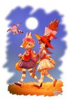  2girls :d alternate_costume animal_ears bat_wings blonde_hair broom brown_hair commentary_request dated extra_ears flying food full_body full_moon halloween halloween_costume hat hat_belt highres japari_bun japari_symbol jiangshi_costume kaban_(kemono_friends) kemono_friends lucky_beast_(kemono_friends) moon multiple_girls night ofuda open_mouth pumpkin roonhee serval_(kemono_friends) serval_ears serval_tail skirt smile striped striped_legwear tail thigh-highs walking wings witch witch_hat 