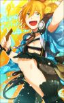  1boy :d blush green_eyes highres japanese_clothes kamekichi kourosakiri leg_up male_focus open_mouth orange_hair ponytail smile solo touken_ranbu turtle twitter_username urashima_kotetsu 